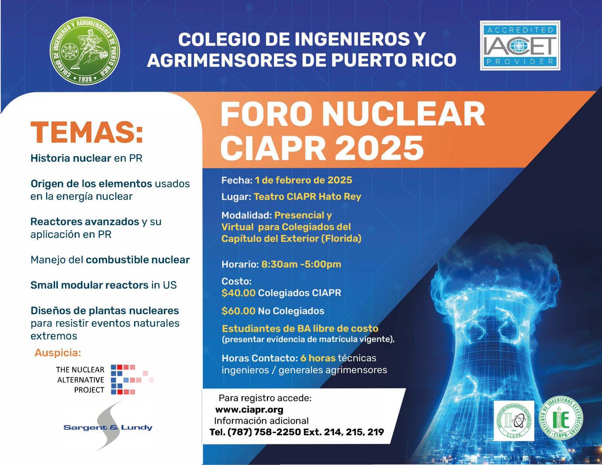 FORO NUCLEAR CIAPR 2025 ☢️🇵🇷

LIBRE DE COSTO PARA ESTUDIANTES DE BA 🤩

——

🚘 Si necesita transportación o está dispuesto a proveer transportación para el evento favor de llenar el formulario: forms.gle/1jhuhqysFkpZuJ…

REGISTRO 👉 web.ciapr.org/account/#calen…