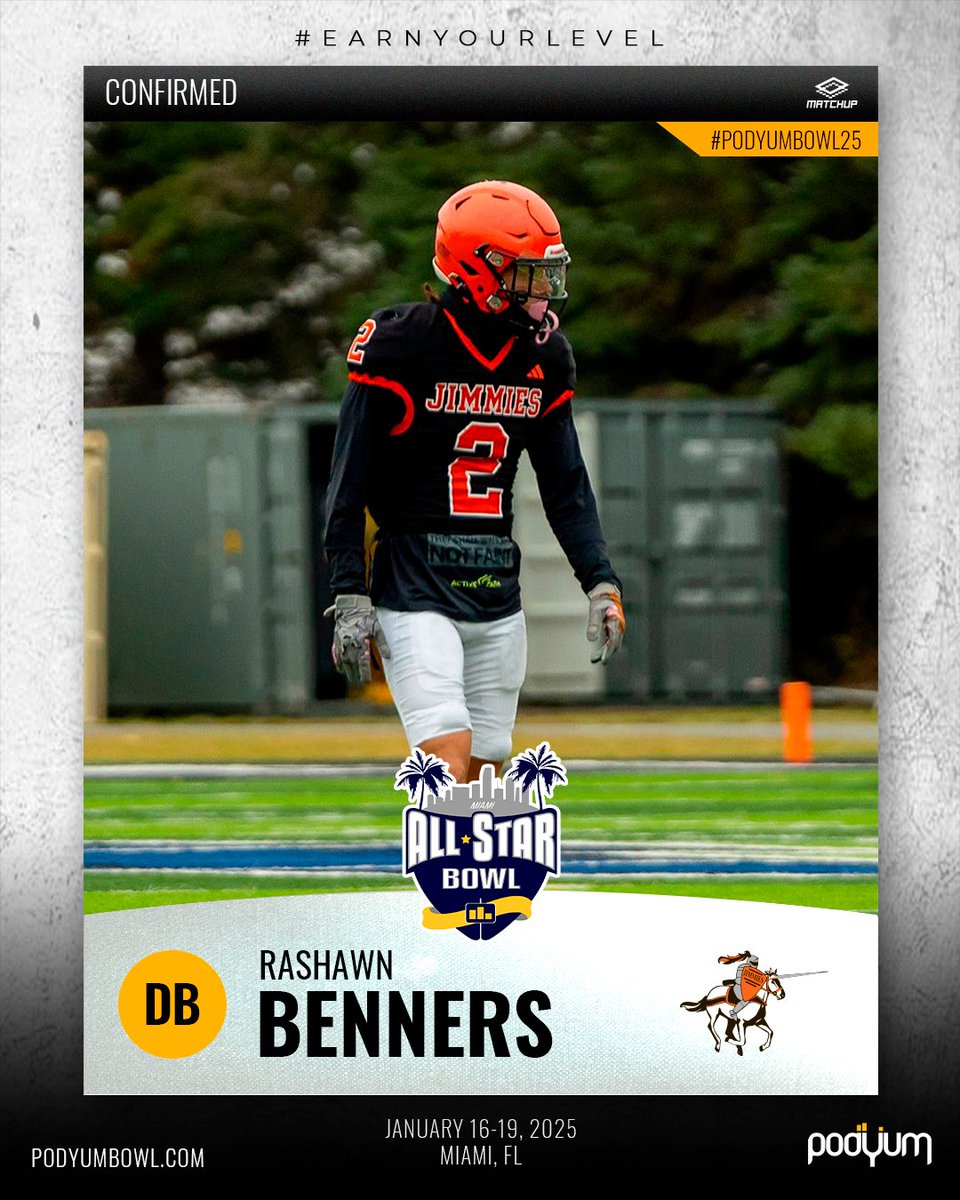 🚨 𝗖𝗢𝗡𝗙𝗜𝗥𝗠𝗘𝗗 🚨 

<a href="/Ray_b22/">Rashawn Benners</a> from <a href="/JimmieFootball/">Jamestown Football</a> has accepted the invitation to compete at the 2025 Podyum All-Star Bowl! See you in Miami! 

podyumbowl.com 

#EarnYourLevel #FootballShowcase #ProFootball #NFL #CFL #UFL #ArenaFootball #FootballOverseas