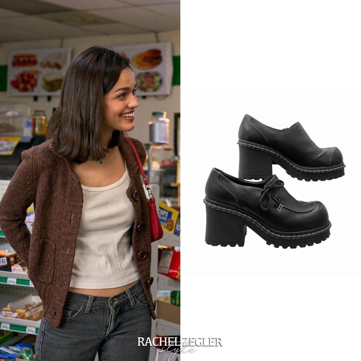 ZeglerStyle's tweet image. Rachel as “Laura” in Y2K.

Rachel wore a vintage #Fever Wool buttoned Brown Cardigan as well as a #BrandyMelville White Cotton Ribbed Tank Top.

She wore a pair of vintage #Eins Washed Black/Grey Low Rise Boot Cut Jeans and a pair of Vintage #LowerEastSide Brown Platform Boots.