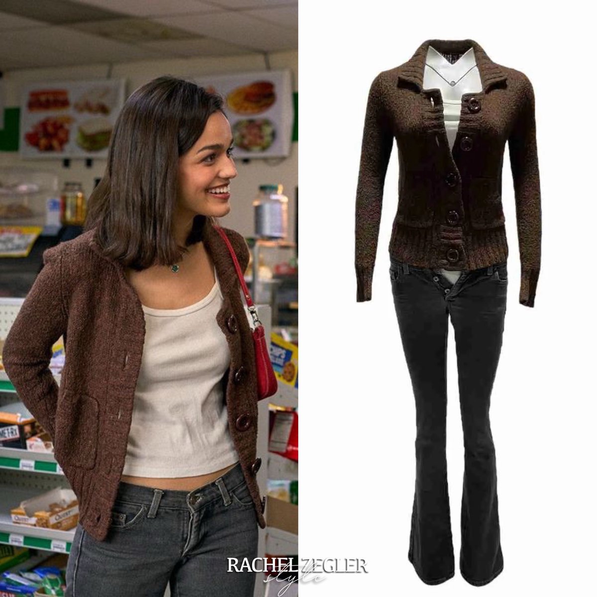 ZeglerStyle's tweet image. Rachel as “Laura” in Y2K.

Rachel wore a vintage #Fever Wool buttoned Brown Cardigan as well as a #BrandyMelville White Cotton Ribbed Tank Top.

She wore a pair of vintage #Eins Washed Black/Grey Low Rise Boot Cut Jeans and a pair of Vintage #LowerEastSide Brown Platform Boots.