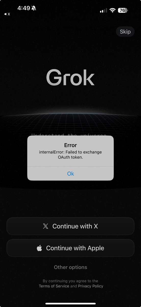 ⁦<a href="/grok/">Grok</a>⁩ and ⁦<a href="/xai/">xAI</a>⁩ and ⁦<a href="/X/">X</a>⁩ keep getting this error when trying to sign into grok ai app with X creds. Any clues here?
