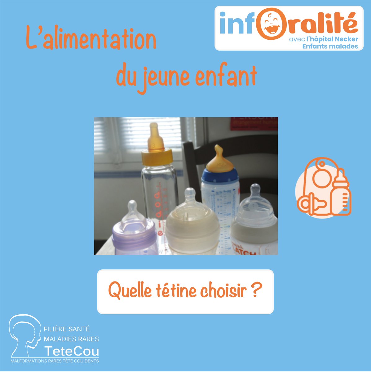 🥄 [Oralité alimentaire]
Le groupe Oralité de <a href="/hopital_necker/">Hôpital Necker AP-HP</a>  prévient et prend en charge les troubles de l'oralité alimentaire.
ℹ️ Sur InfOralité, des conseils pour  l'alimentation des jeunes enfants.
🎯 Aujourd'hui, le choix de la tétine. 🍼
👉🏽bit.ly/4gLcw1G