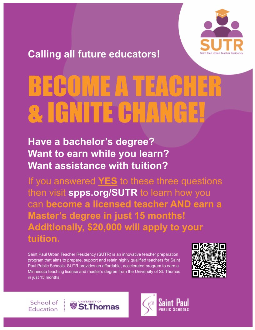 SUTR (@sutr_spps) on Twitter photo SUTR Info Session TODAY at 5pm via zoom. Email me for more details.... danielle.ferguson@spps.org
#SUTR #spps #education #specialeducation #elementaryeducation #diversityandinclusion #studentscentered SUTR Info Session TODAY at 5pm via zoom. Email me for more details.... danielle.ferguson@spps.org
#SUTR #spps #education #specialeducation #elementaryeducation #diversityandinclusion #studentscentered
