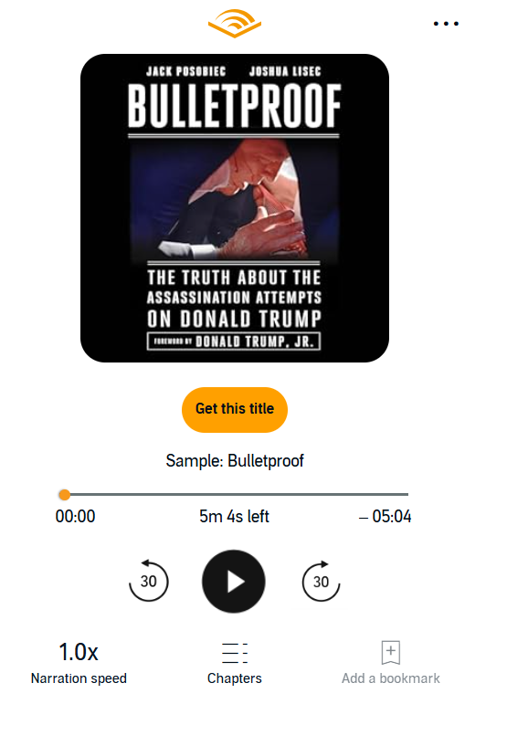 BREAKING: We are happy to announce that Bulletproof is officially available on Audible 

The audiobook is out! 

As read by Jack Posobiec 

amzn.to/4gOei1N
