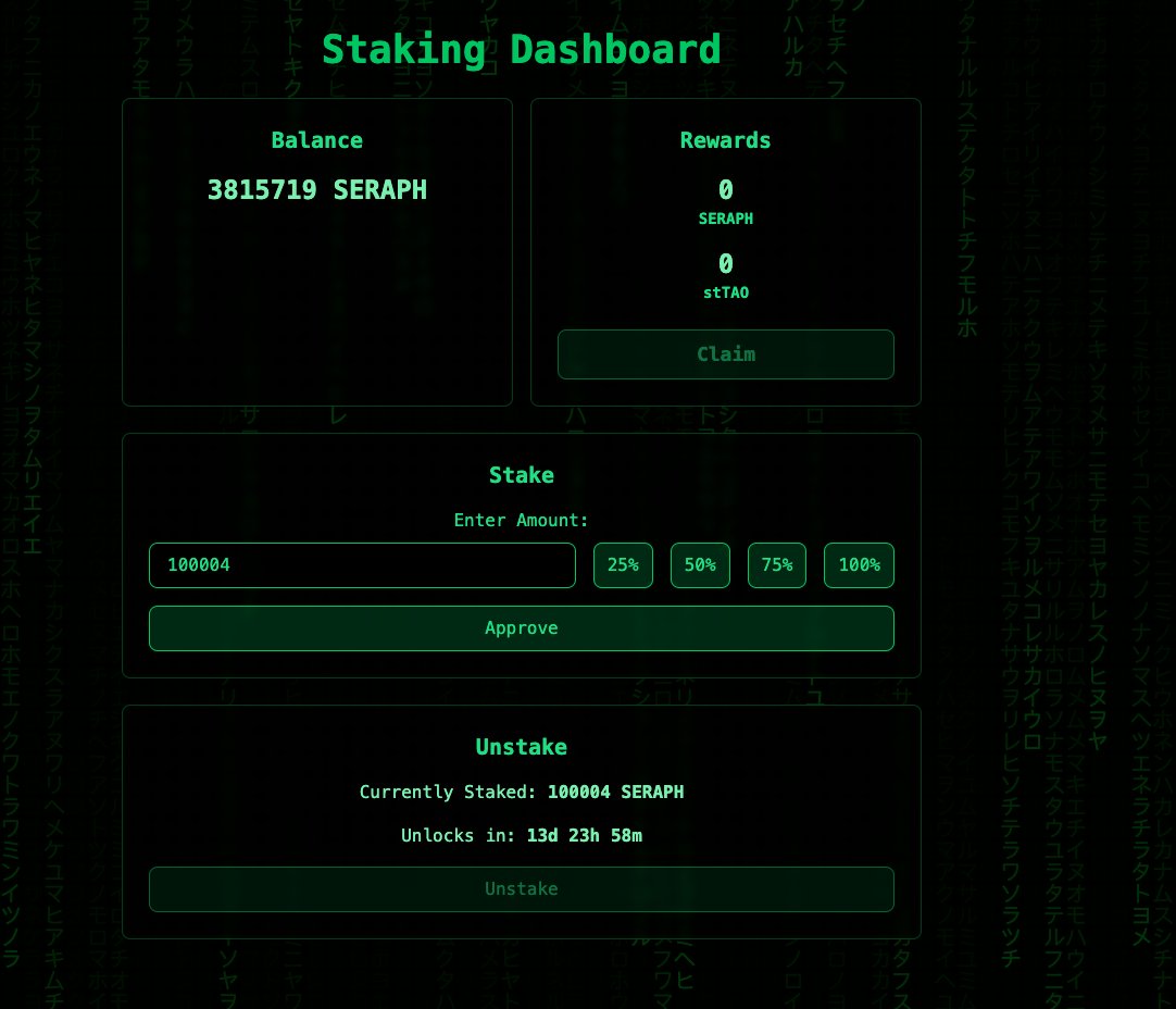 staking is live for $seraph! seraphai.xyz/stake

seraph is earning tao rewards through mining and staking, which will be distributed directly to $seraph holders.

this is just the beginning. staking $seraph unlocks a new era of yield and benefits for holders

more rewards,