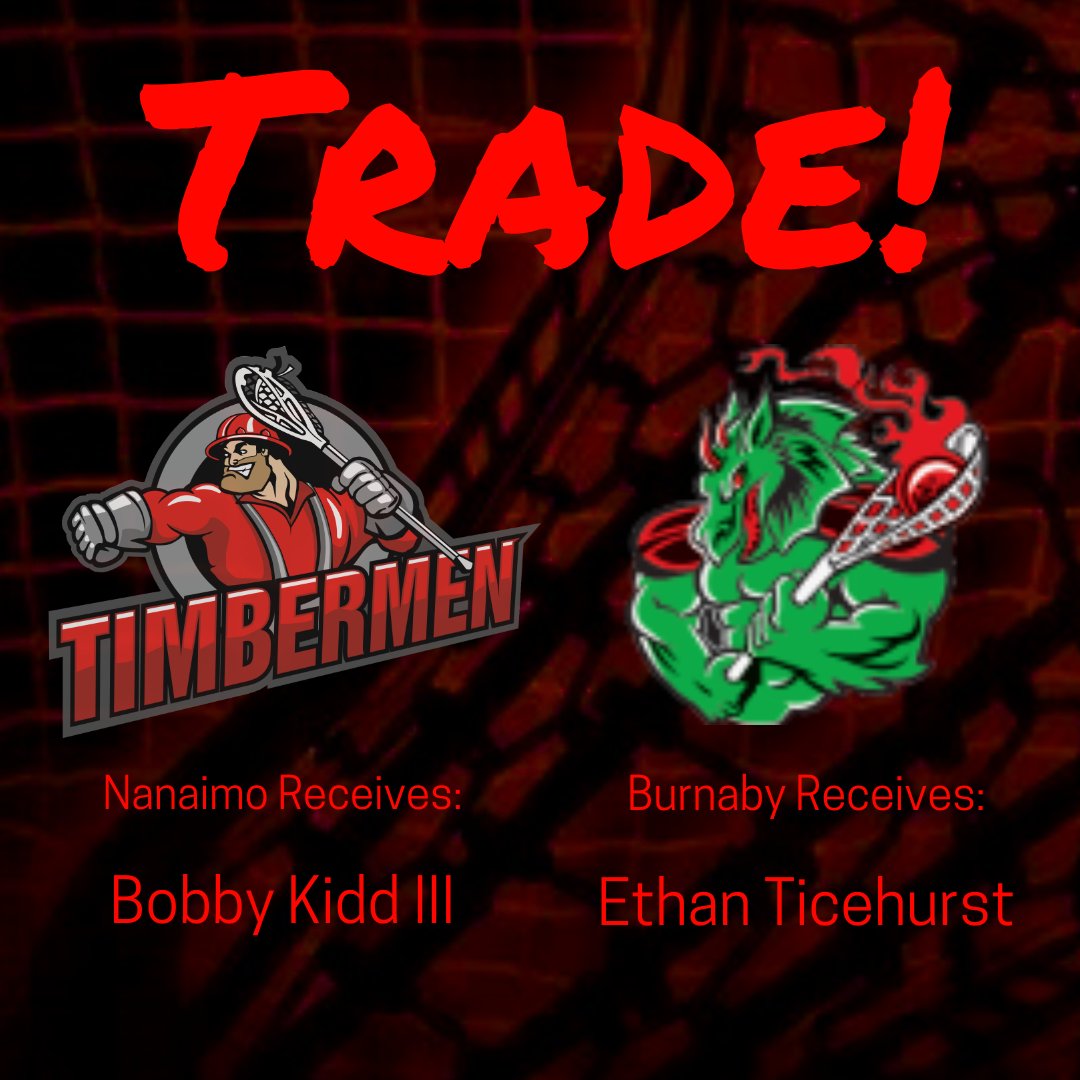 Nanaimo Senior A Timbermen (@tmenlax) on Twitter photo Trade Alert! Your Nanaimo Timbermen have acquired Bobby Kidd III in exchange for Ethan Ticehurst. #GoTmen <a href="/WLALacrosse/">Western Lacrosse Association</a> <a href="/BurnabyLakers/">Burnaby Lakers 🐉</a> <a href="/EthanTicehurst/">Ethan Ticehurst</a> <a href="/bobbykidd3/">Bobby Kidd III</a> Trade Alert! Your Nanaimo Timbermen have acquired Bobby Kidd III in exchange for Ethan Ticehurst. #GoTmen <a href="/WLALacrosse/">Western Lacrosse Association</a> <a href="/BurnabyLakers/">Burnaby Lakers 🐉</a> <a href="/EthanTicehurst/">Ethan Ticehurst</a> <a href="/bobbykidd3/">Bobby Kidd III</a>