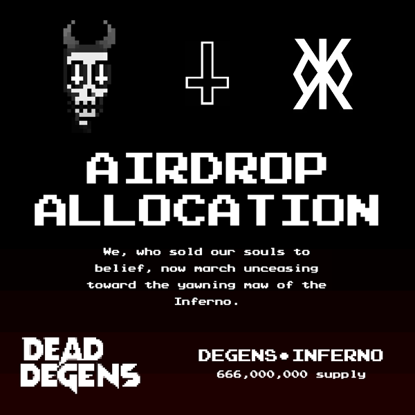 Dead Degens (@deaddegens_nft) on Twitter photo 🔥 We just took a snapshot of 100 random #Runestone wallets to be airdropped our rune DEGENS•INFERNO (inferno.deaddegens.xyz) using <a href="/OrdinalSnapshot/">Ordinal Snapshot</a>!
The depths call for more allies. Tag your communities or collab managers, and let their names echo as we forge our path into 🔥 We just took a snapshot of 100 random #Runestone wallets to be airdropped our rune DEGENS•INFERNO (inferno.deaddegens.xyz) using <a href="/OrdinalSnapshot/">Ordinal Snapshot</a>!
The depths call for more allies. Tag your communities or collab managers, and let their names echo as we forge our path into