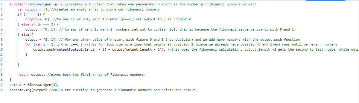 guscodeit's tweet image. Implemented a javascript function that generates seqeuences of fibonnaci code based on user&apos;s commands. Explanation of each line of code in green. 
(Check out an alternative short form of the code in the comments). What do you think?