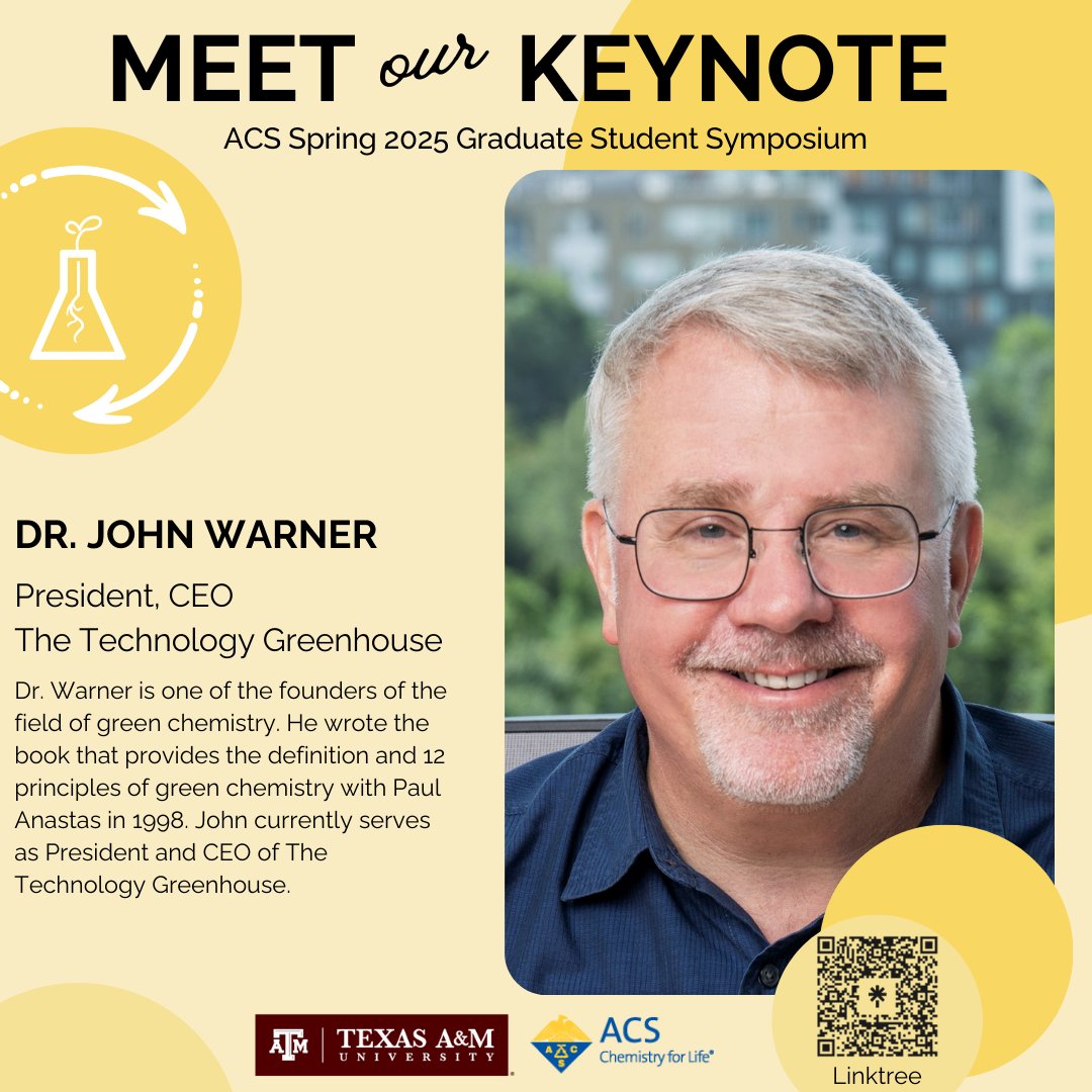 tamugsspc's tweet image. We are honored to host Dr. John Warner, the President and CEO of The Technology Greenhouse, as our second keynote speaker for our upcoming symposium!
Stay tuned to meet more of our speakers! #acs #gsspc #tamuchemistry 馃И馃ゼ