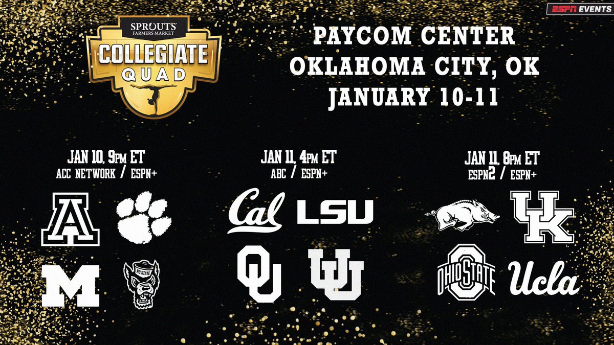 TOMORROW! ⏳

The <a href="/CollegiateQuad/">Sprouts Farmers Market Collegiate Quad</a> is back &amp; we crunched the numbers among gymnasts competing:

➡️ 9 Individual NCAA Titles
➡️ 69 Perfect 10s
➡️ 26 current or former USAG National Team Members
➡️ More than 120 Development National (J.O.) Champions