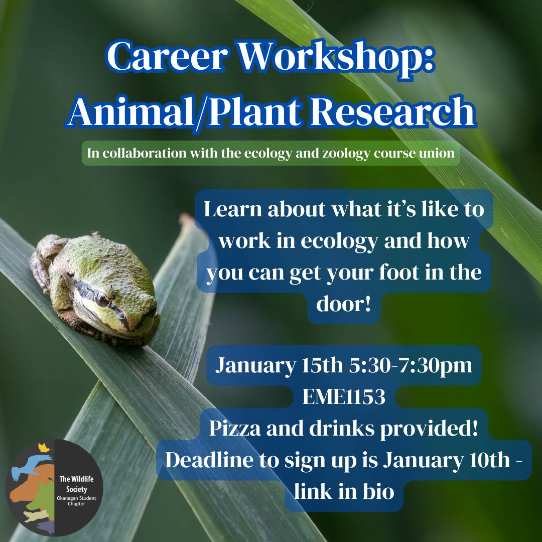 Hey Wildlifers, set yourself up for success this job season by attending our career workshop event with EZCU!

Learn more on our instagram: instagram.com/p/DEn3ZP3SDPn/

#thewildlifesociety #ubc #ubco #ubcokanagan #wildlife #suo