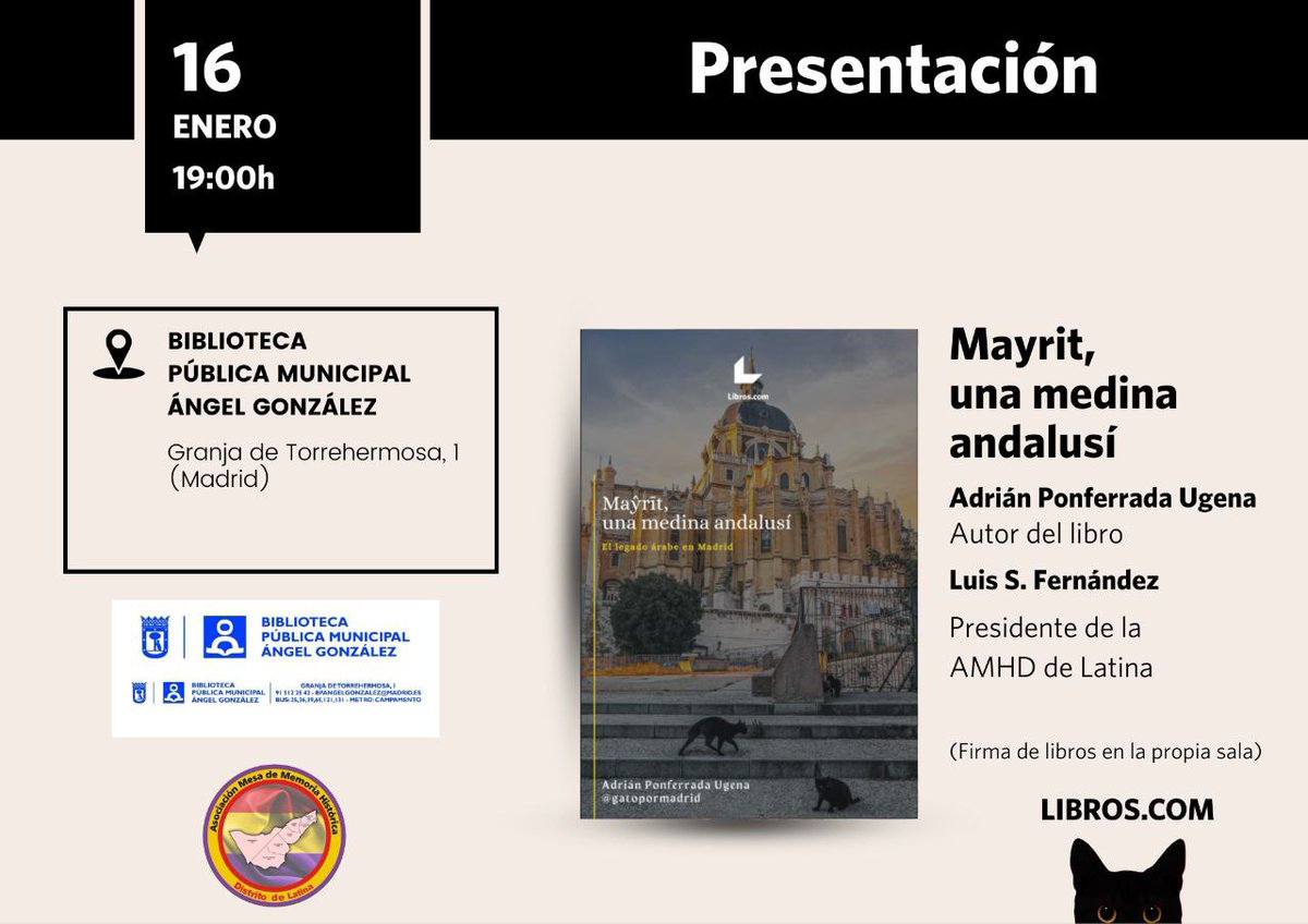 Asociación Memoria Histórica Distrito de Latina (@mesa_mh_latina) on Twitter photo Nuestra ciudad nació como una medina andalusí en el siglo IX.
El guía y divulgador <a href="/gatopormadrid/">Gato por Madrid 😺</a> (Adrián Ponferrada) nos invita a rastrear ese pasado árabe en su último libro.
¡No te pierdas la presentación!
📅 Jueves 16 de enero.
⏰ 19 horas.
🏢 Biblioteca Ángel González Nuestra ciudad nació como una medina andalusí en el siglo IX.
El guía y divulgador <a href="/gatopormadrid/">Gato por Madrid 😺</a> (Adrián Ponferrada) nos invita a rastrear ese pasado árabe en su último libro.
¡No te pierdas la presentación!
📅 Jueves 16 de enero.
⏰ 19 horas.
🏢 Biblioteca Ángel González
