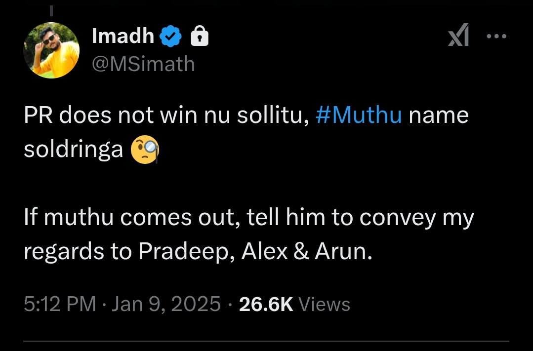 Vote_Poli_Tik's tweet photo. இனி #Muthukumaran கிடையாது #PRKumaran தா. 🤣🤣🤣
#BiggBossTamil8 #BiggBoss8Tamil #BiggBossTamilSeason8 #BiggBossSeason8Tamil #BiggBossTamil https://t.co/iPsbEN4BMo
