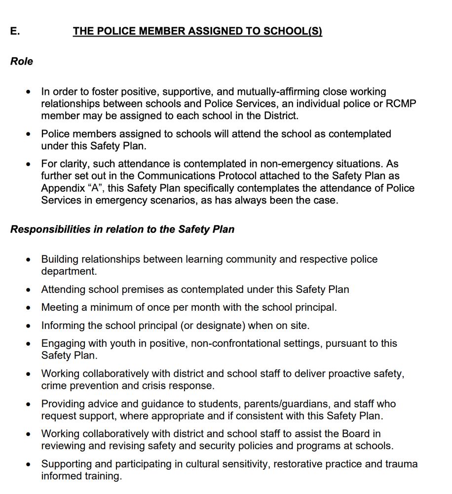 step_harrison's tweet image. Here’s a short thread on SD61’s direction on police in schools. The proposal reads like a new type of SLO (“police member assigned to schools”), but with some oversight over programs delivered, and formal requirements for regular meetings, data collection, etc. 🧵