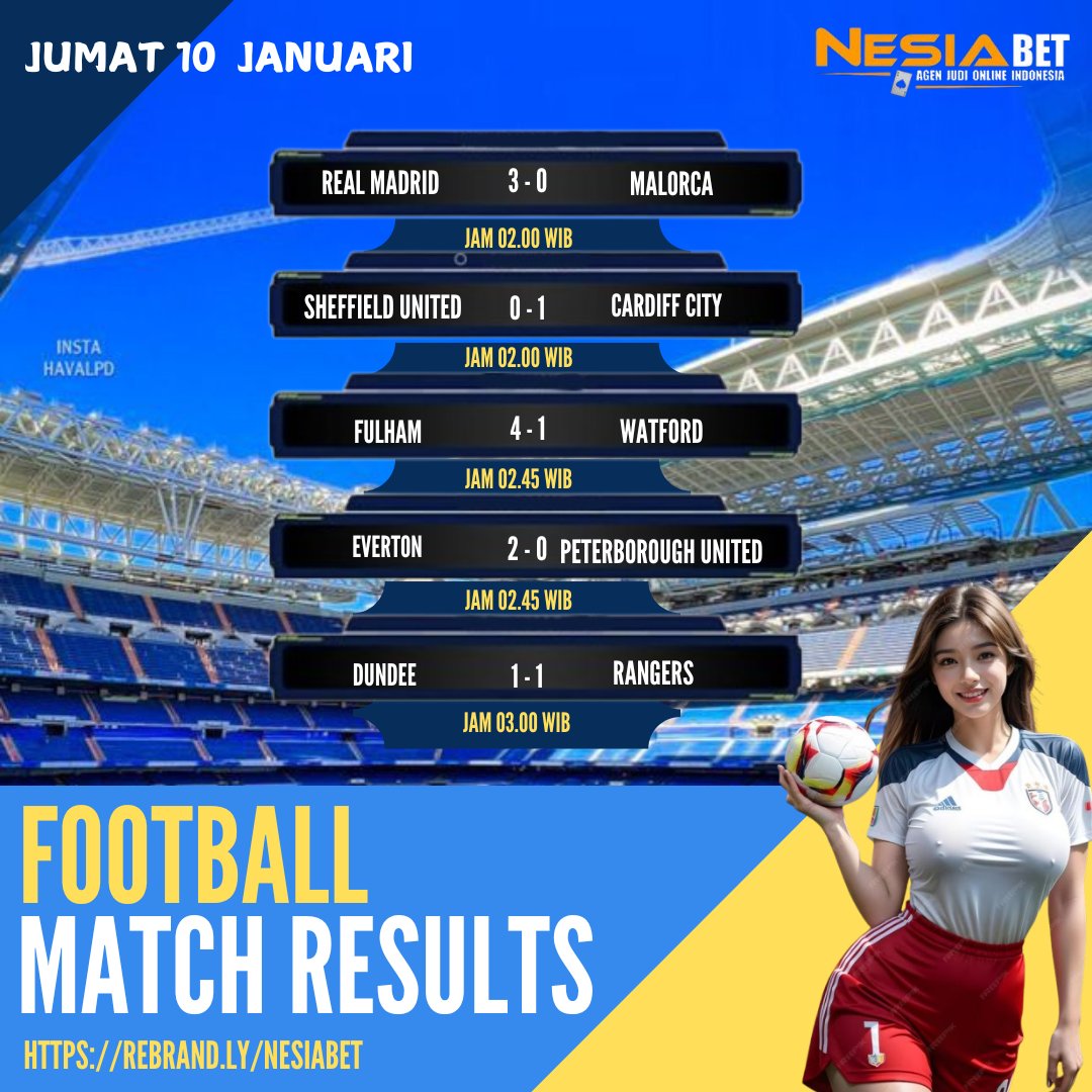 HASIL Pertandingan BOLA 10 JANUARI 2025
AYO deposit sekarang juga, NESIABET menerima DEPOSIT PULSA TANPA POTONGAN. BONUS NEW MEMBER 50%
Deposit bisa menggunakan PULSA, OVO, DANA, GOPAY