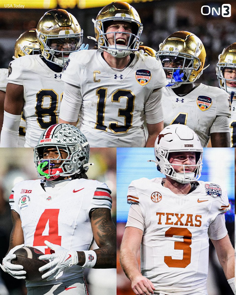 On3's tweet photo. NEW: Notre Dame opens as underdogs in both College Football Playoff National Championship sceneries, per @FDSportsbook🏆
🌰Ohio State -7.5
🤘Texas -2.5
https://t.co/L6U0jozxTn