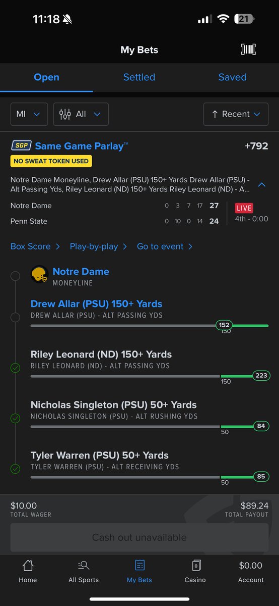 JustinDebruyne's tweet photo. Umm @FDSportsbook can you explain this…? When the game ended you guys had Allar with 152 pass yards, then 5 minutes later I check to see if the bet cashed yet and it’s changed?? This can’t be right https://t.co/4uImyYfbyy