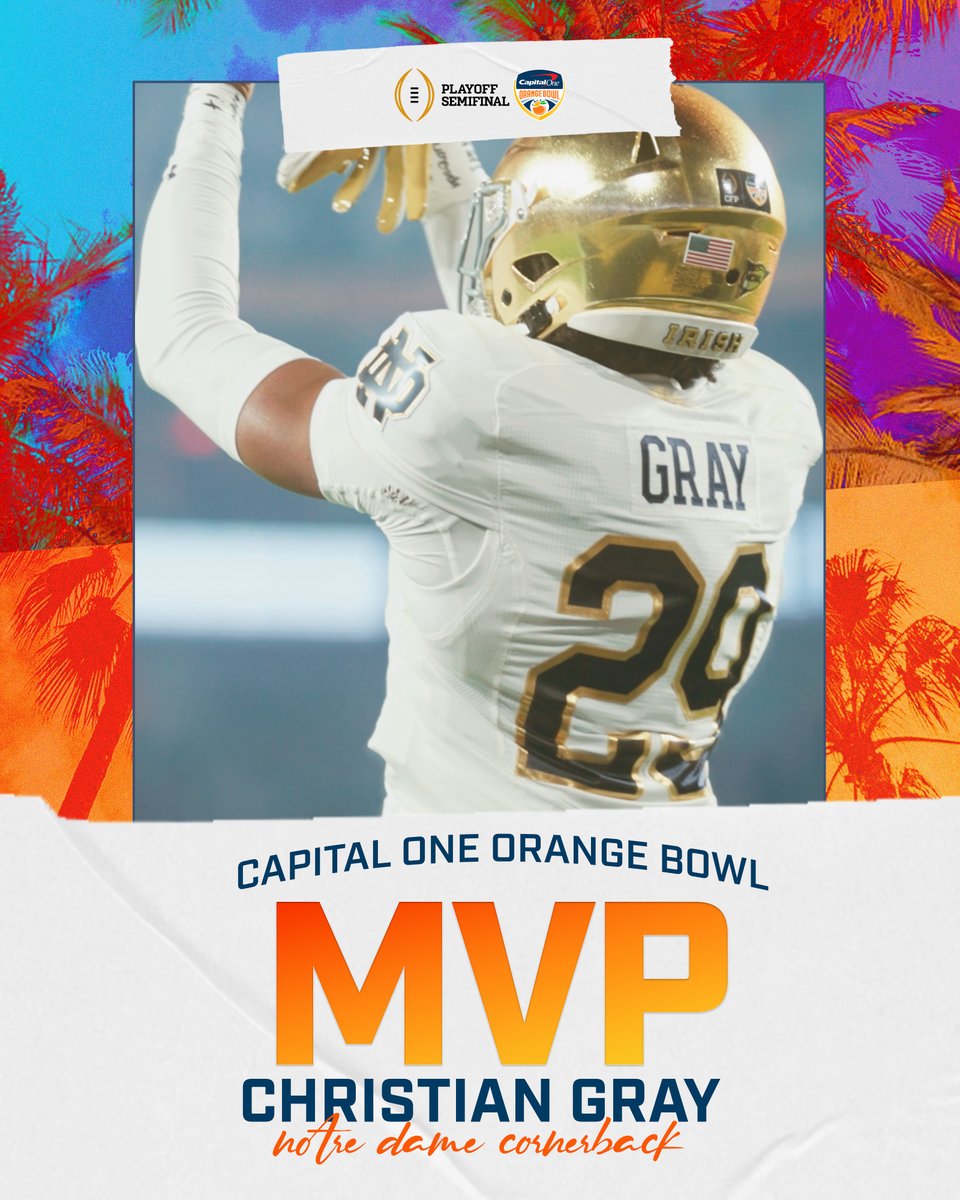 The man with the pivotal pick 🤲

Christian Gray is your 2025 Playoff Semifinal at the Capital One Orange Bowl Defensive MVP!

#GoIrish | #CapitalOneOrangeBowl