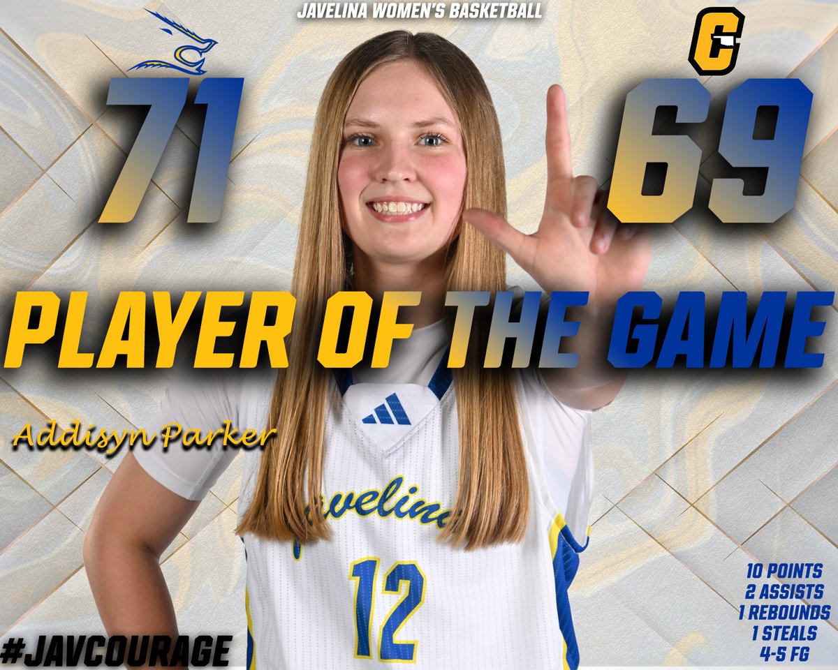 Javelina Women’s Basketball 🏀🐗 (@javelina_wbb) on Twitter photo A new career high with 10 clutch points for Addisyn!!!
She helped the Javs win their third straight and is our Player of the Game!
#javCOURAGE A new career high with 10 clutch points for Addisyn!!!
She helped the Javs win their third straight and is our Player of the Game!
#javCOURAGE