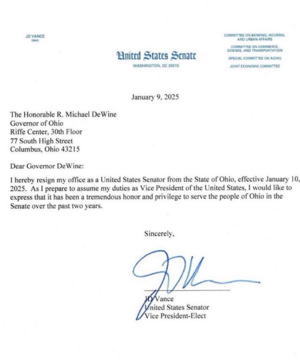 J.D. Vance will be resigning in 23 minutes as of this post