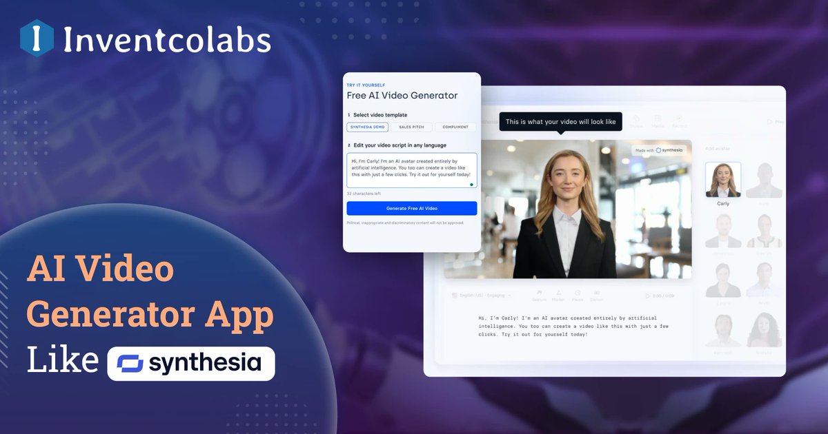 Inventco_'s tweet photo. How to Build An AI Video Generator App Like Synthesia?

Read More: https://t.co/Tr793DFwEE

Call: (+1)646-480-0280
Email: enquiry@inventcolabssoftware.com

#aivideocreation #aivideoediting #AIApplications #artificialintelligence #TechInnovation  #videoediting #appdevelopmentuk https://t.co/LLLCsuje3q
