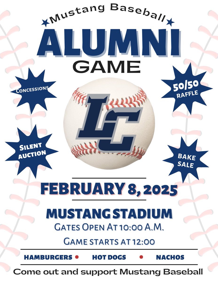 Happy New Year Mustangs and Happy Baseball Season! 

The Mustang Baseball Alumni Game will be on February 8th! Come out and support your Past and Present Mustangs! #OnceAMustangAlwaysAMustang #BlueStampede