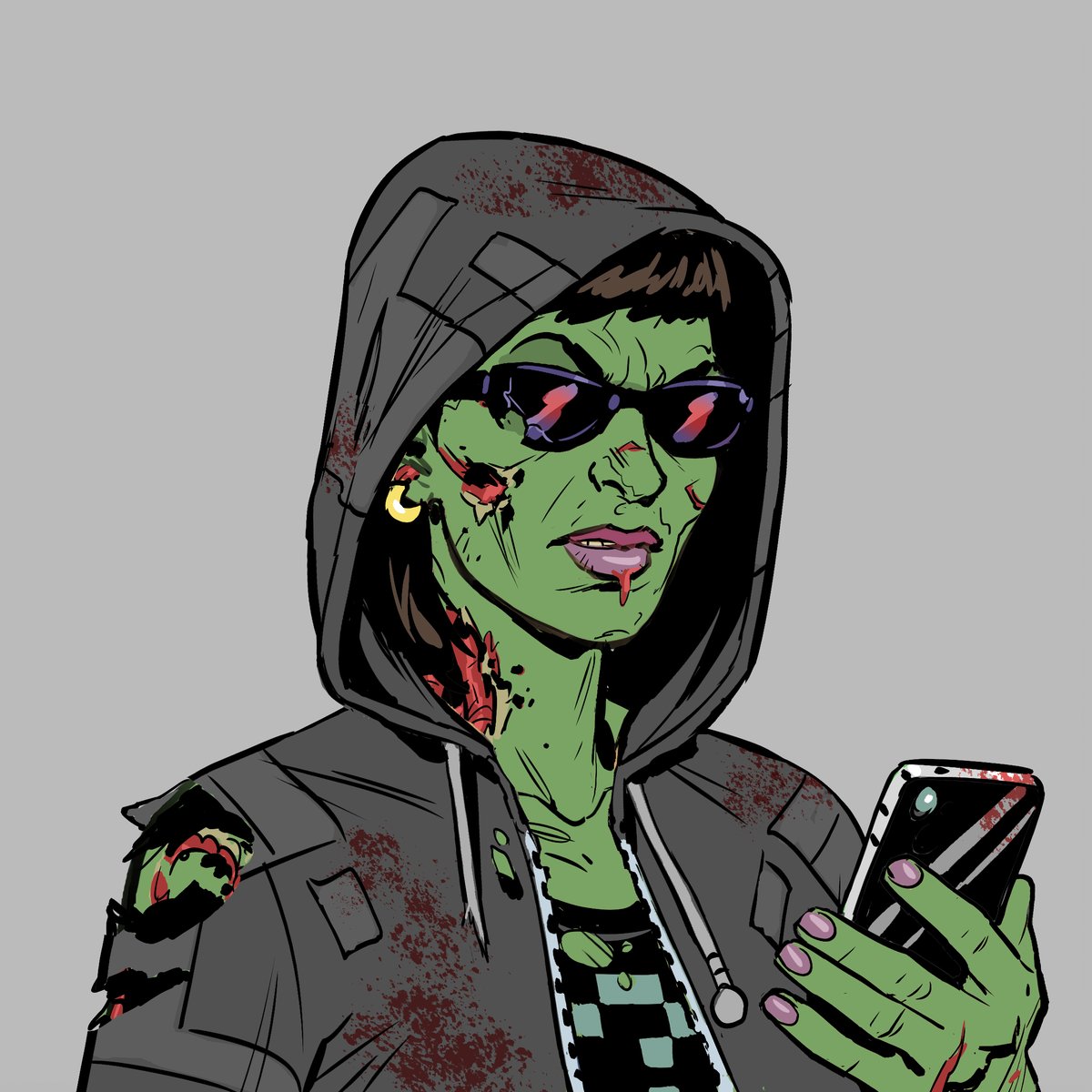 <a href="/Am_I_Nutz/">Am I Nutz</a> <a href="/punkscomic/">PUNKS Comic</a> <a href="/pixelvault_/">Pixel Vault</a> Here you go <a href="/Am_I_Nutz/">Am I Nutz</a> 
Make me look more female ✔️
And I have no Ape wrinkles. ✔️
And I’m sneering ✔️ 
And my glasses are cracked ✔️
And let’s do a grey eggplant hoodie ✔️
And maybe some blood highlights. A lot of them ✔️

Exactly what you asked for! 😆🧟‍♀️