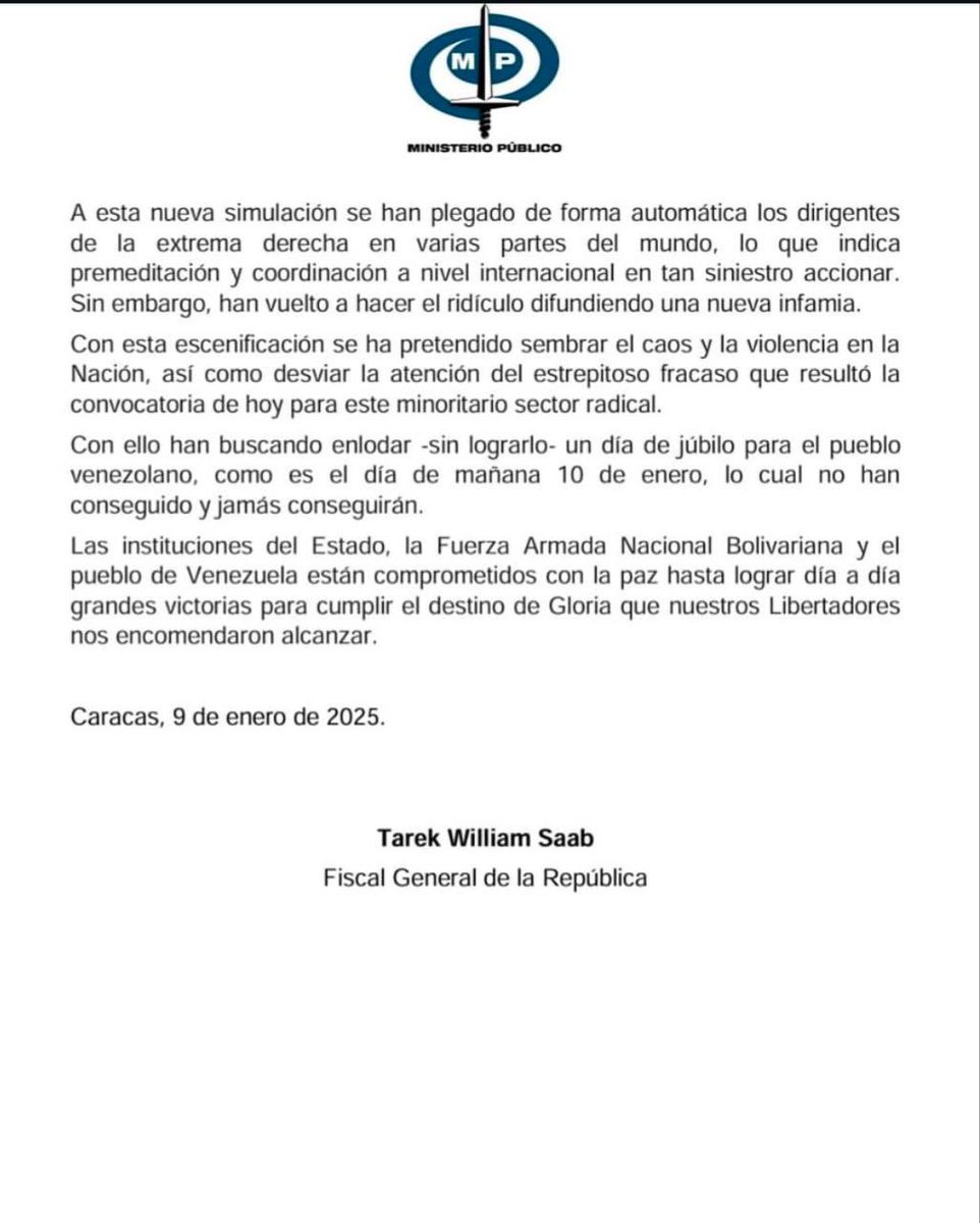 #9Ene #Gobierno #MariaCorina 
Fiscal Tarek William Saab: “Como Fiscal General de la República me veo obligado a informar al país y al mundo que hoy se ha tratado de desarrollar una funesta operación psicológica para desatar actos de violencia en momentos que el país se prepara