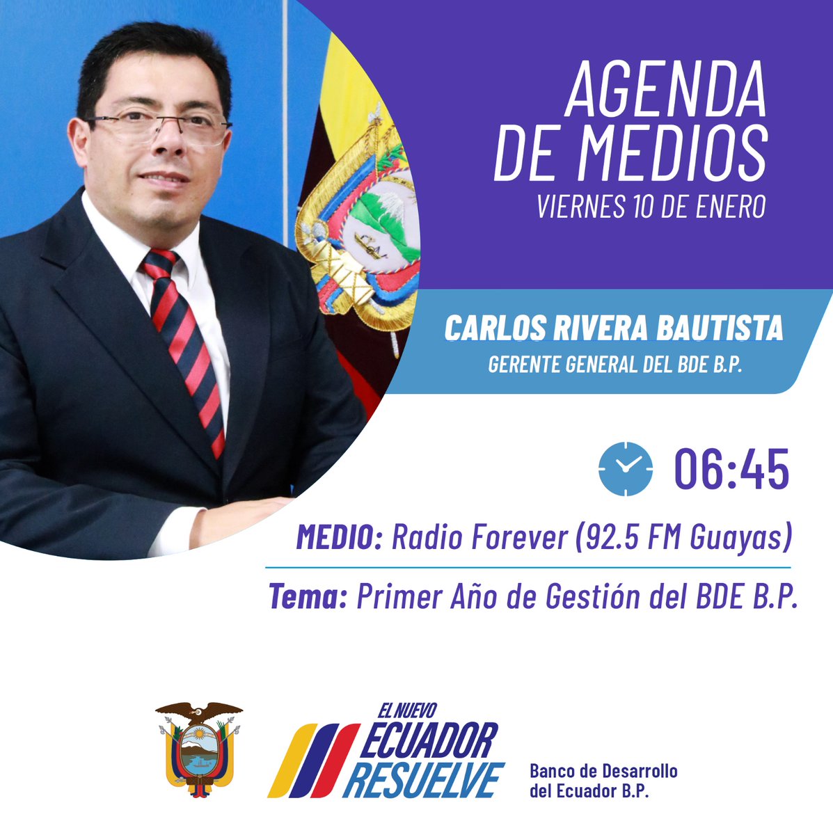 ✅ Mañana, nuestro #GerenteGeneralBDE, <a href="/CRiveraBautista/">CarlosRiveraB</a>, visitará radio <a href="/925forever/">Radio Forever 92.5 FM</a> de #Guayaquil para informar a la ciudadanía sobre la importante gestión del #BDE en el 2⃣0⃣2⃣4⃣.

📻¡Conéctate! 10 de enero del 2025. 📅