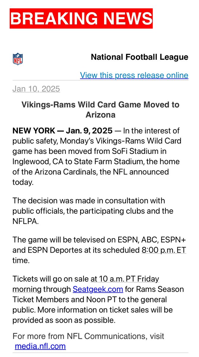 Rams-Vikings playoff game on Monday night has moved to State Farm Stadium in Glendale, AZ, the home of the Arizona Cardinals.