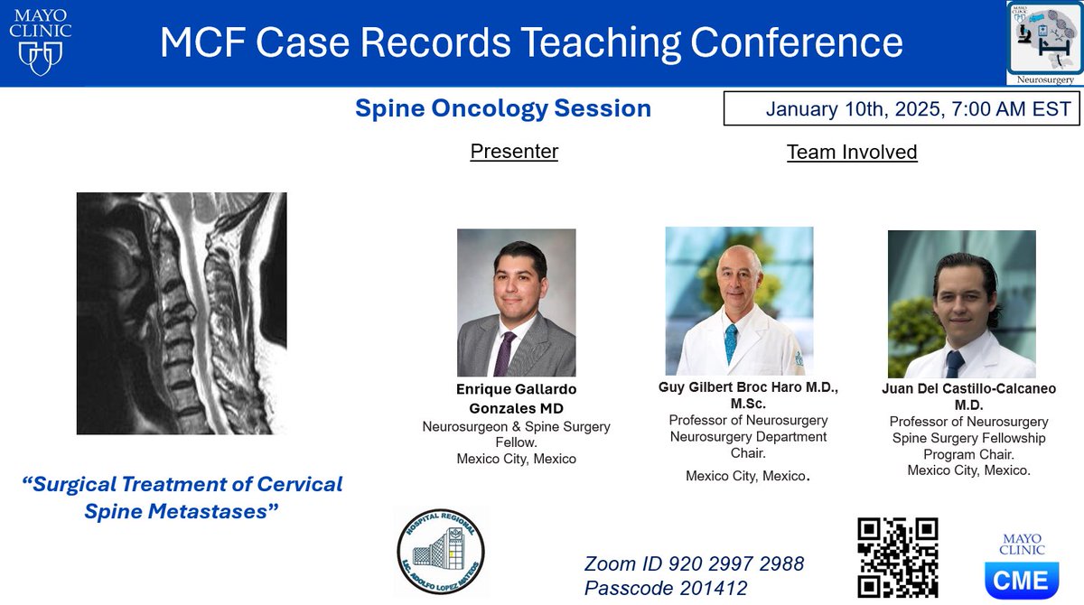 Adrian Safa M.D. (@adrian_safa) on Twitter photo Join us for our first MCF 2025 Case Records Conference tomorrow @7AM with Dr. Gonzales Gallardo presenting an an amazing neuro oncology spine case and his great work from Mexico! š²š½
<a href="/DoctorQMd/">Dr. Alfredo QuiƱones-Hinojosa</a> <a href="/janhachmann/">Jan Hachmann MD MS MBA</a> <a href="/ManuelaAB99/">Manuela Aramburu Berckemeyer, MD</a> <a href="/jpnavarro_md/">Juan P. Navarro-Garcia de Llano, MD</a> <a href="/JEmilianoSG/">J. Emiliano Sanchez-Garavito M.D.</a> <a href="/lmichmd/">Loizos Michaelides, MD</a> <a href="/MayoClinicNeuro/">Mayo Clinic Neuro</a> Join us for our first MCF 2025 Case Records Conference tomorrow @7AM with Dr. Gonzales Gallardo presenting an an amazing neuro oncology spine case and his great work from Mexico! š²š½
<a href="/DoctorQMd/">Dr. Alfredo QuiƱones-Hinojosa</a> <a href="/janhachmann/">Jan Hachmann MD MS MBA</a> <a href="/ManuelaAB99/">Manuela Aramburu Berckemeyer, MD</a> <a href="/jpnavarro_md/">Juan P. Navarro-Garcia de Llano, MD</a> <a href="/JEmilianoSG/">J. Emiliano Sanchez-Garavito M.D.</a> <a href="/lmichmd/">Loizos Michaelides, MD</a> <a href="/MayoClinicNeuro/">Mayo Clinic Neuro</a>
