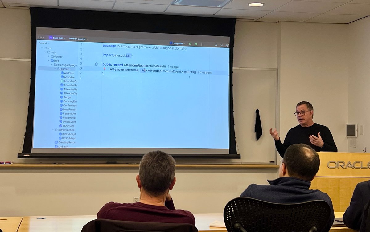 BostonJavaUsers's tweet image. Main speaker Jeremy Davis explaining Domain Driven Design and Hexagonal Architecture via some live coding.