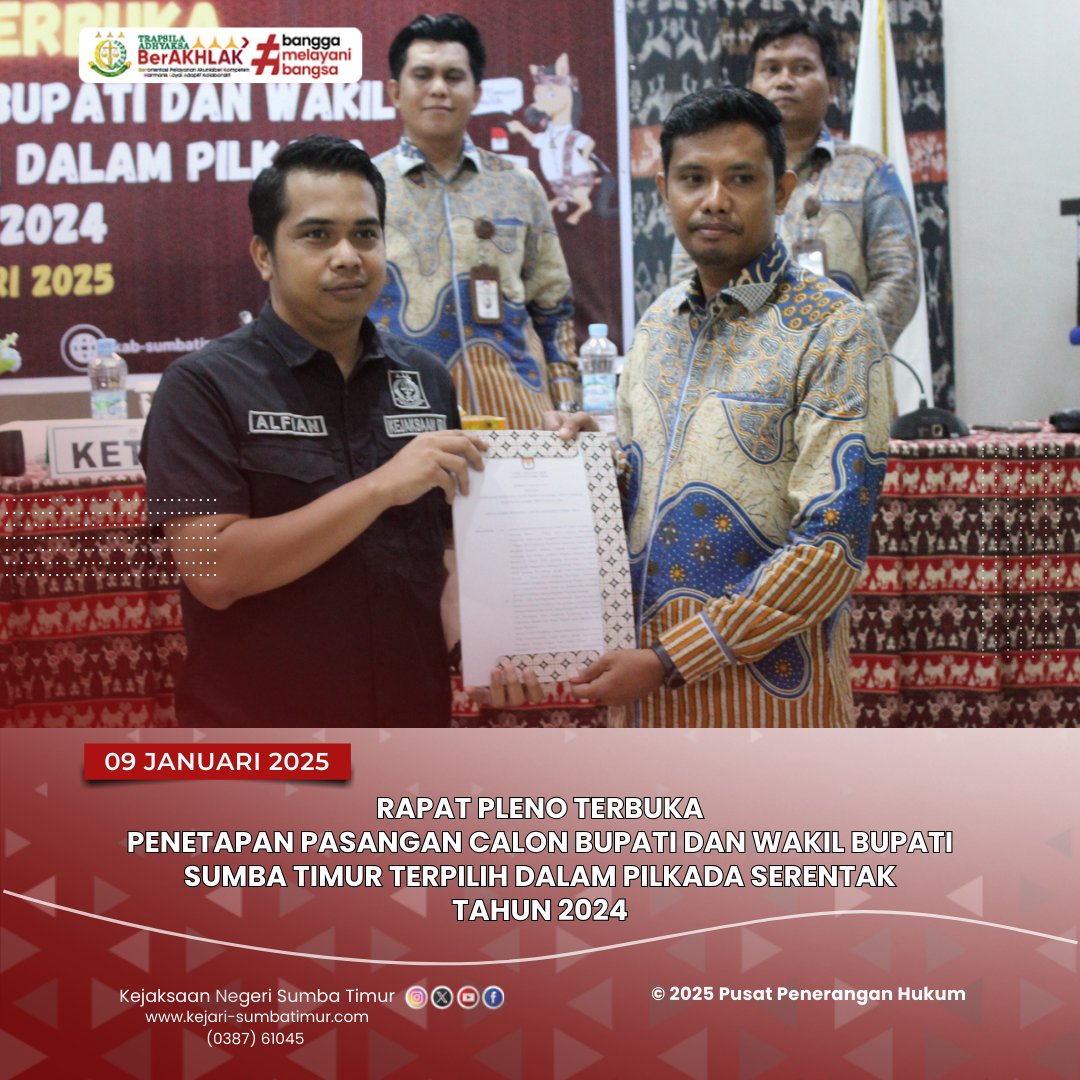 NegeriSumba's tweet photo. Kamis, 09 Januari 2025, Kepala Kejaksaan Negeri Sumba Timur yang diwakili oleh Bapak Alfian Listya Kurniawan,S.H mengikuti kegiatan "Rapat Pleno Terbuka Penetapan Pasangan Calon Bupati dan Wakil Bupati Sumba Timur Terpilih Dalam Pilkada Serentak Tahun 2024" https://t.co/4brojho2mV