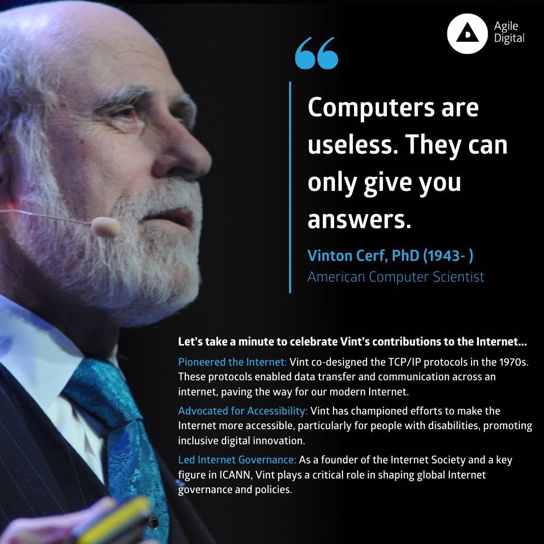 🌐 January 1983: TCP/IP is adopted, laying the foundation for the modern Internet.

Meet Vint Cerf, the "Father of the Internet" whose visionary work has shaped our digital world!

As we enter 2025, Agile Digital is proud to celebrate the pioneers of computing! 🚀