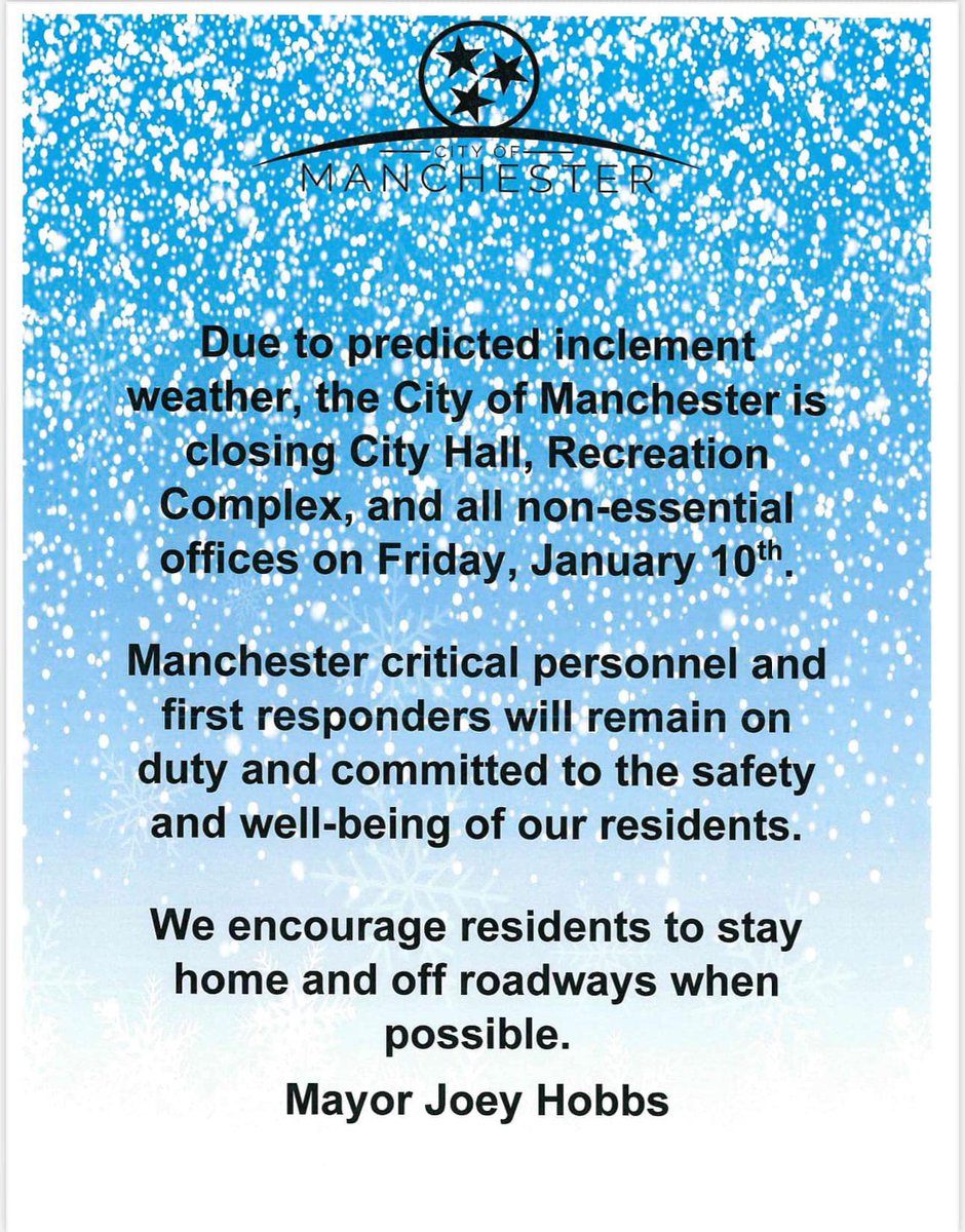 ManTNRec's tweet image. Due to inclement weather, the Manchester Recreation Complex will be closed tomorrow, Friday, January 10.