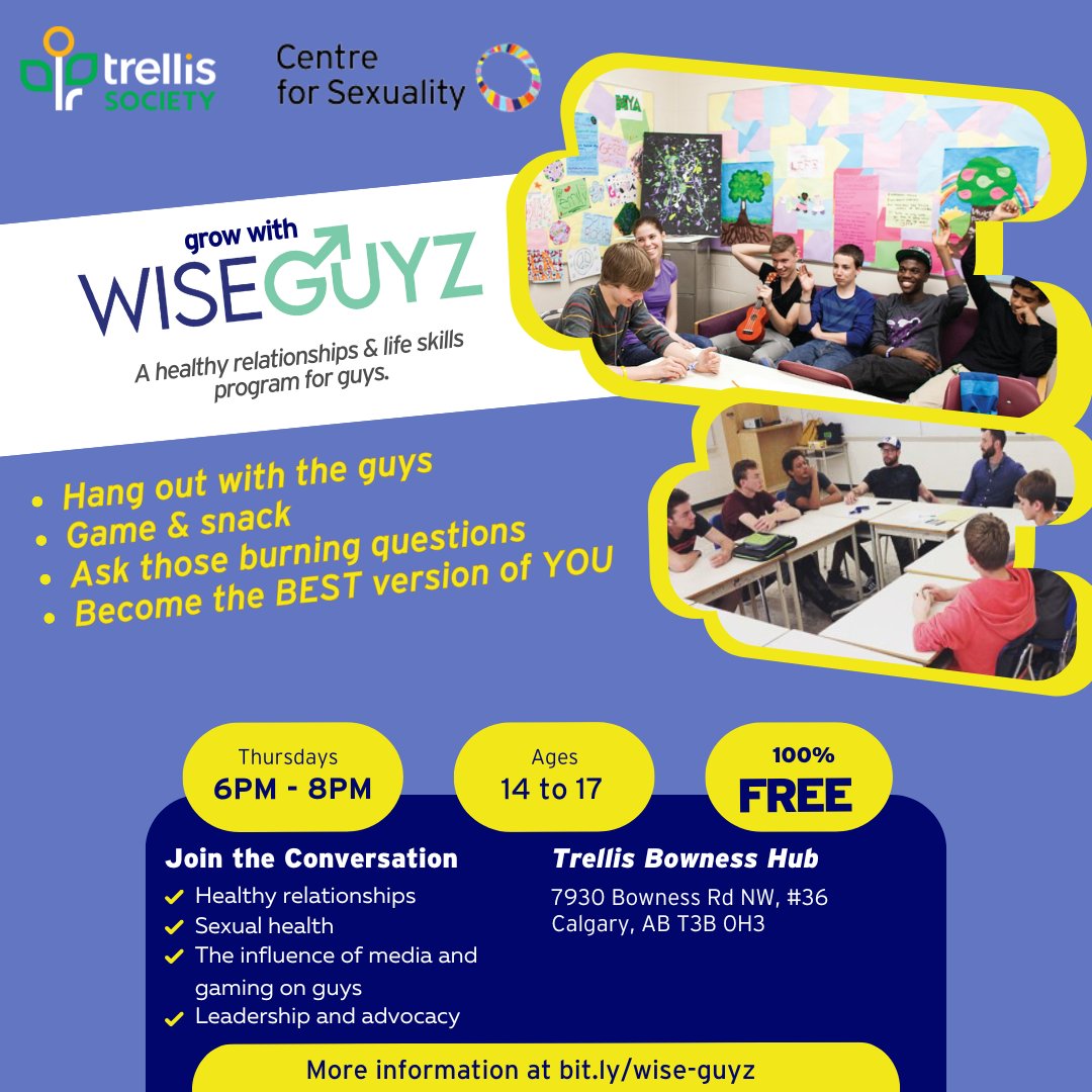 YYCsexualhealth's tweet image. Starting January 23, we'll be offering WiseGuyz at @trellisyyc for guys ages 14-17.⁠ This program is FREE and will run from 6-8 pm on Thursdays from January 23 to May 15.⁠
⁠
Registration is required - visit c4s.socialsolutionsconnect.ca/apricot-intake….

#yyc #yyccommunity