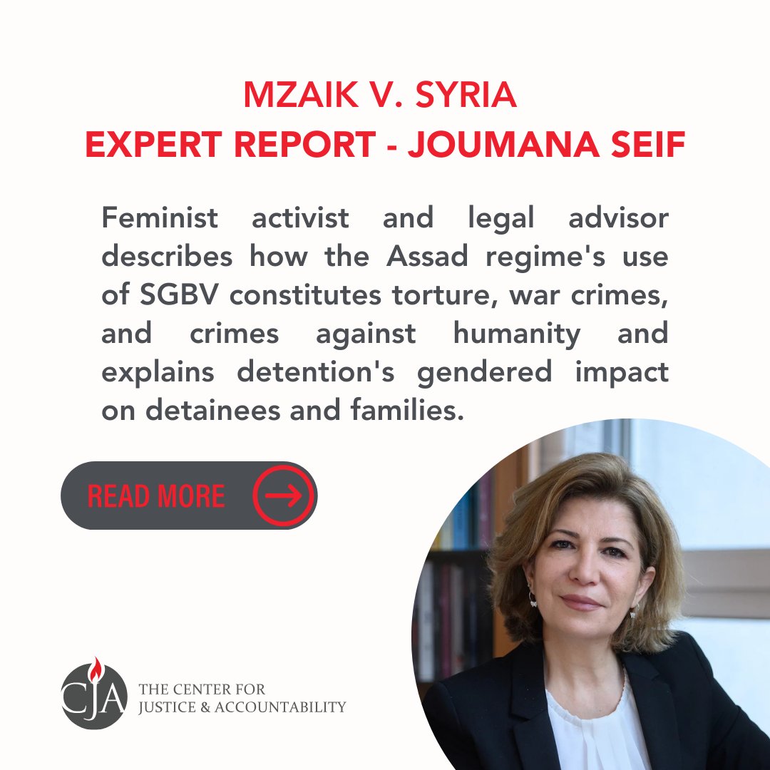 Feminist activist &amp; <a href="/ECCHRBerlin/">ECCHR</a> Legal Advisor <a href="/SeifJoumana/">Joumana Seif</a> describes Syria's intentional use of #SGBV to torture detainees &amp; detention's gendered impact on detainees &amp; families. She finds that the Assad regime's use of #SGBV in prisons was a war crime &amp; a crime against humanity.