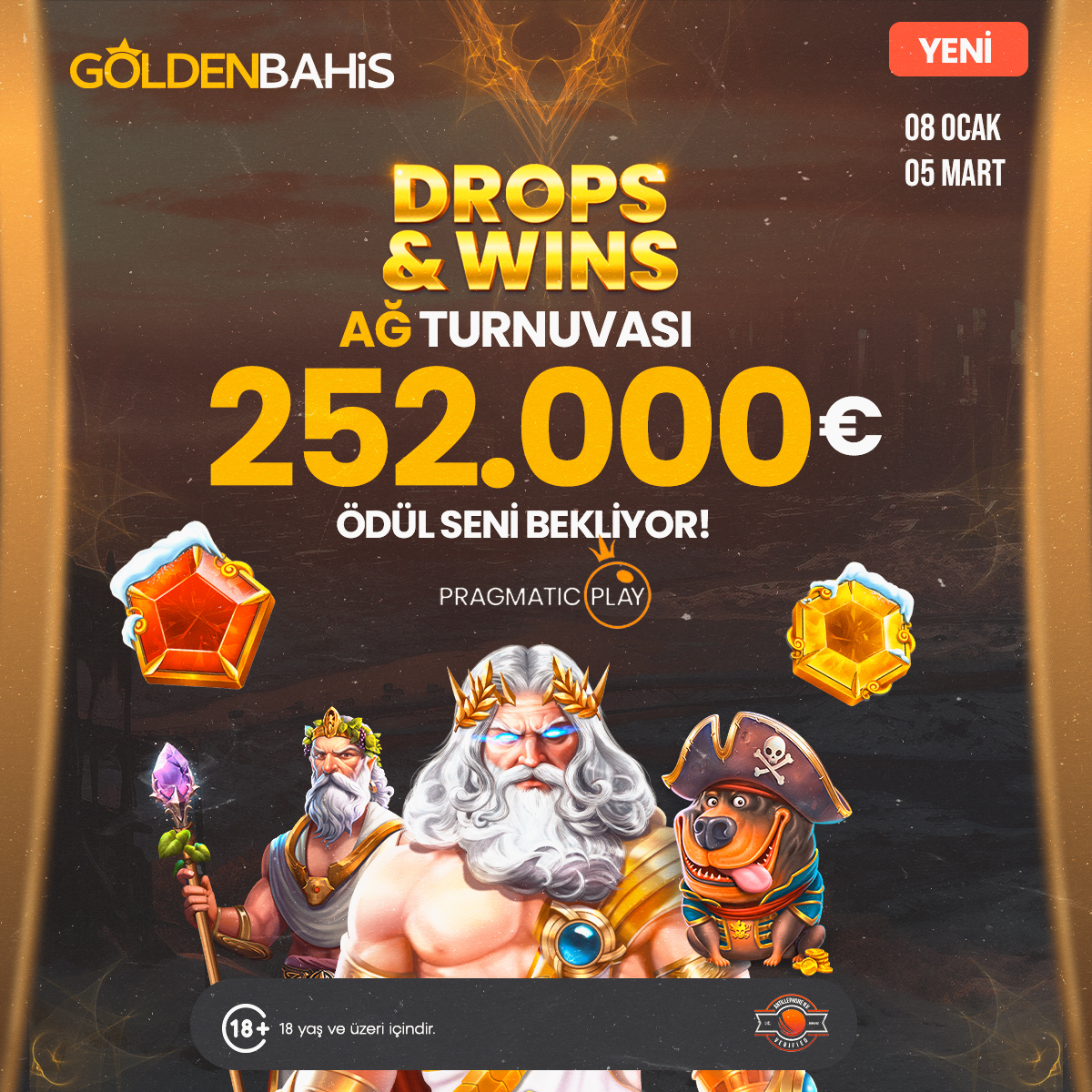 goldenofficialx's tweet image. 8 Ocak - 5 Mart arasında kazancın zirvesine çıkın!🚀
GOLDENBAHİS Güncel Giriş Adresi🔗t2m.io/TWGL
Drops & Wins turnuvasıyla 252.000 Euro ödül havuzundan payınızı alın!
🎰Katılmak için şimdi harekete geçin!
#PragmaticPlay #TurnuvaZamanı