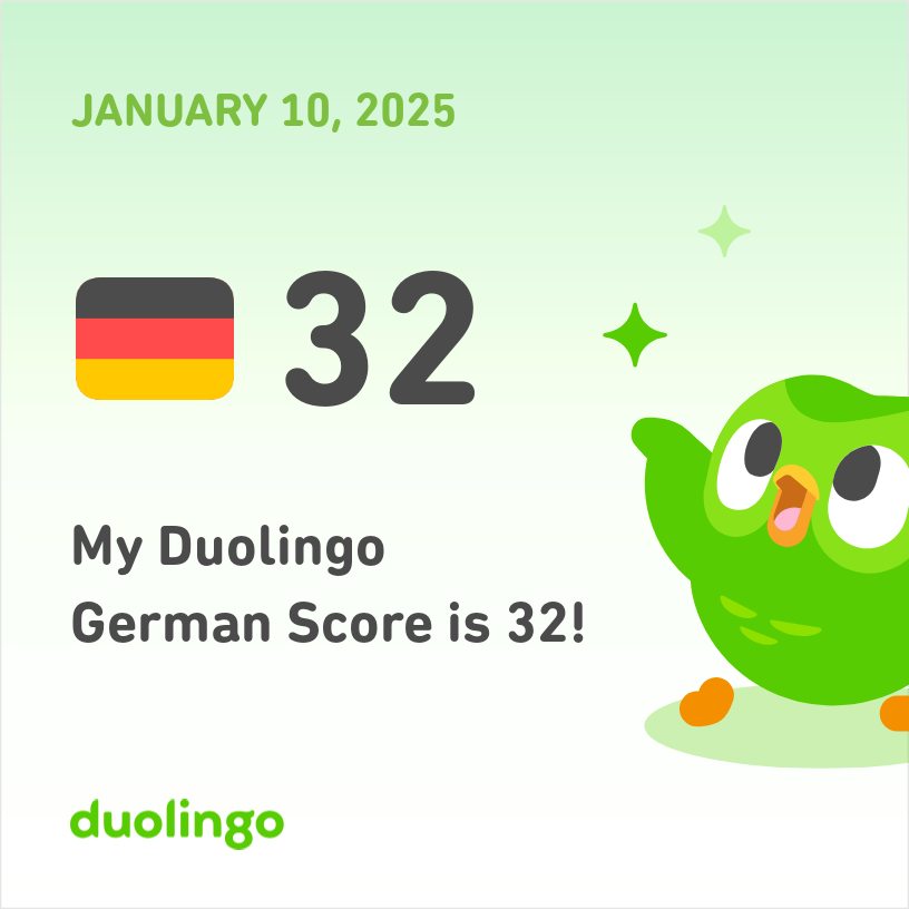 gothstable's tweet photo. My Duolingo German Score is 32! https://t.co/JHbPk5GCBz