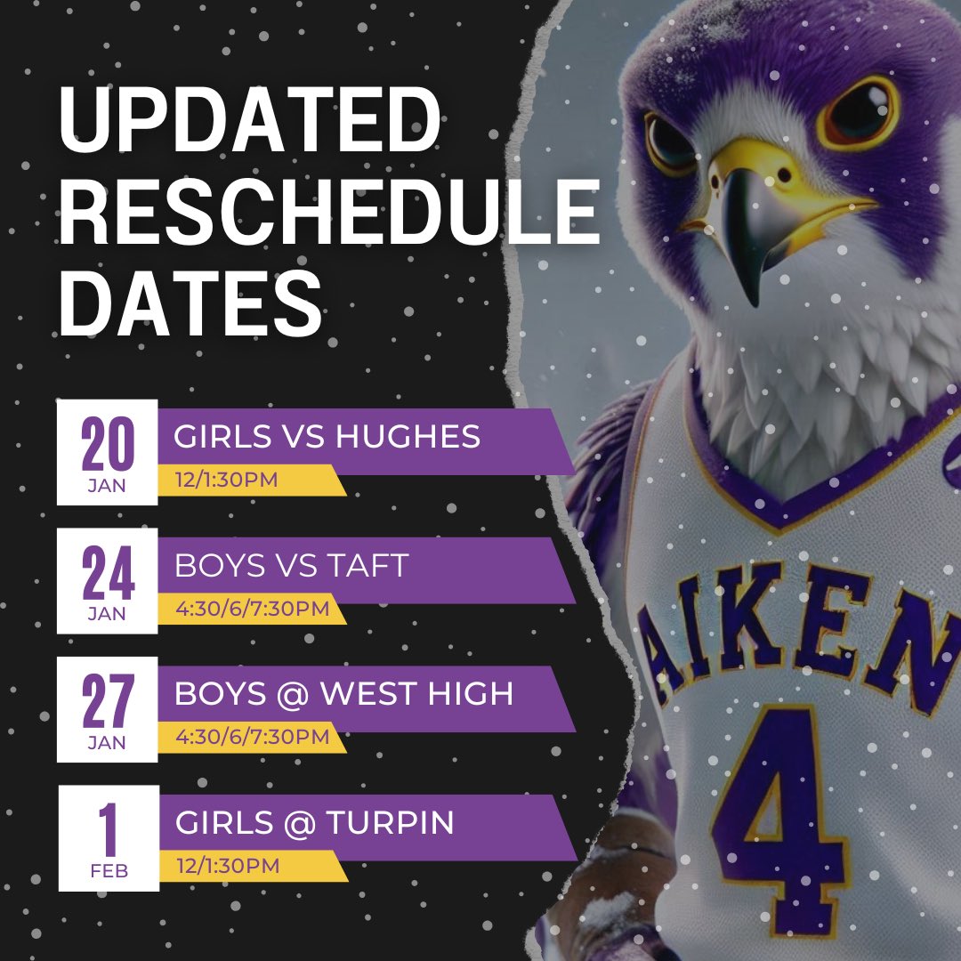 Aiken Athletics (@aikenfalcons) on Twitter photo 👀👀👀
<a href="/aikengbb/">Aiken Girls Basketball</a> and <a href="/AikenBball/">Aiken Boys Basketball</a> reschedule dates!
#AikenBKB #AikenGBB #SWOOP 👀👀👀
<a href="/aikengbb/">Aiken Girls Basketball</a> and <a href="/AikenBball/">Aiken Boys Basketball</a> reschedule dates!
#AikenBKB #AikenGBB #SWOOP