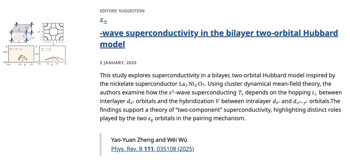 PhysRevB's tweet image. PRB Editors' Suggestion: 𝑠±-wave #superconductivity in the bilayer two-orbital #HubbardModel
Yao-Yuan Zheng and Wéi Wú
Phys. Rev. B 111, 035108
➡️ go.aps.org/3PnDfoK
#EdSugg @APSPhysics #condmat #physics