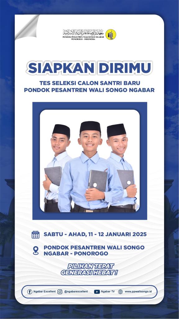 a_nashir's tweet photo. 📢SIAPKAN DIRIMU📢

Akan Dilaksanakan Tes Seleksi Calon Santri Baru Pondok Pesantren Wali Songo Ngabar.

Semoga seluruh calon santri dapat mempersiapkan diri dengan baik. Tetap semangat, dan kami doakan kesuksesan menyertai kita semua.🙏🏻😊 https://t.co/hUzUDqIdsv