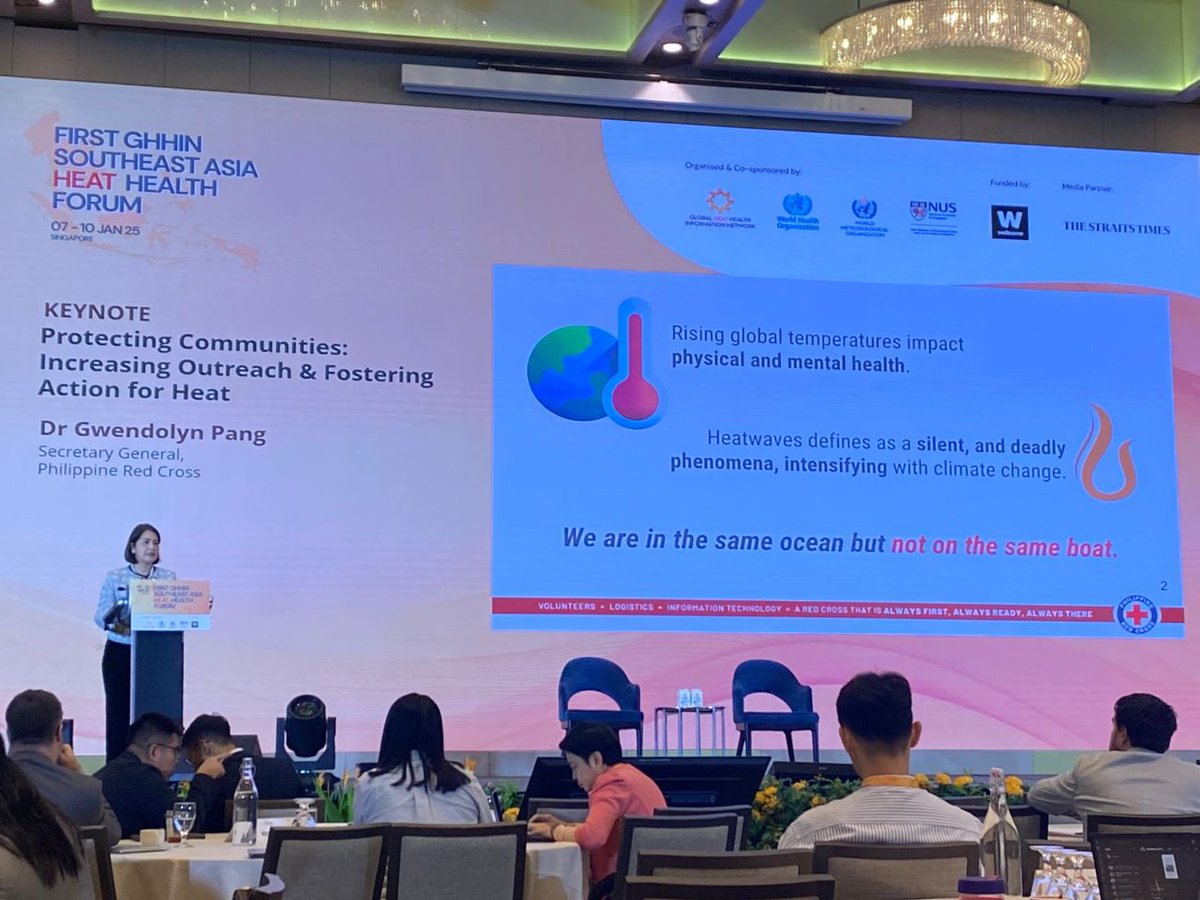 IFRCAsiaPacific's tweet photo. We’re on the last day of @heathealth_info #SouthEastAsia forum with a strong start for the Red Cross Red Crescent team!

Dr. @gwen_pang of @philredcross opening the session with a keynote address on how the Philippine Red Cross protects communities from heat by increasing outreach and fostering action for heat. 

#SEAHHF #climatechange #globalwarming #heatwaves