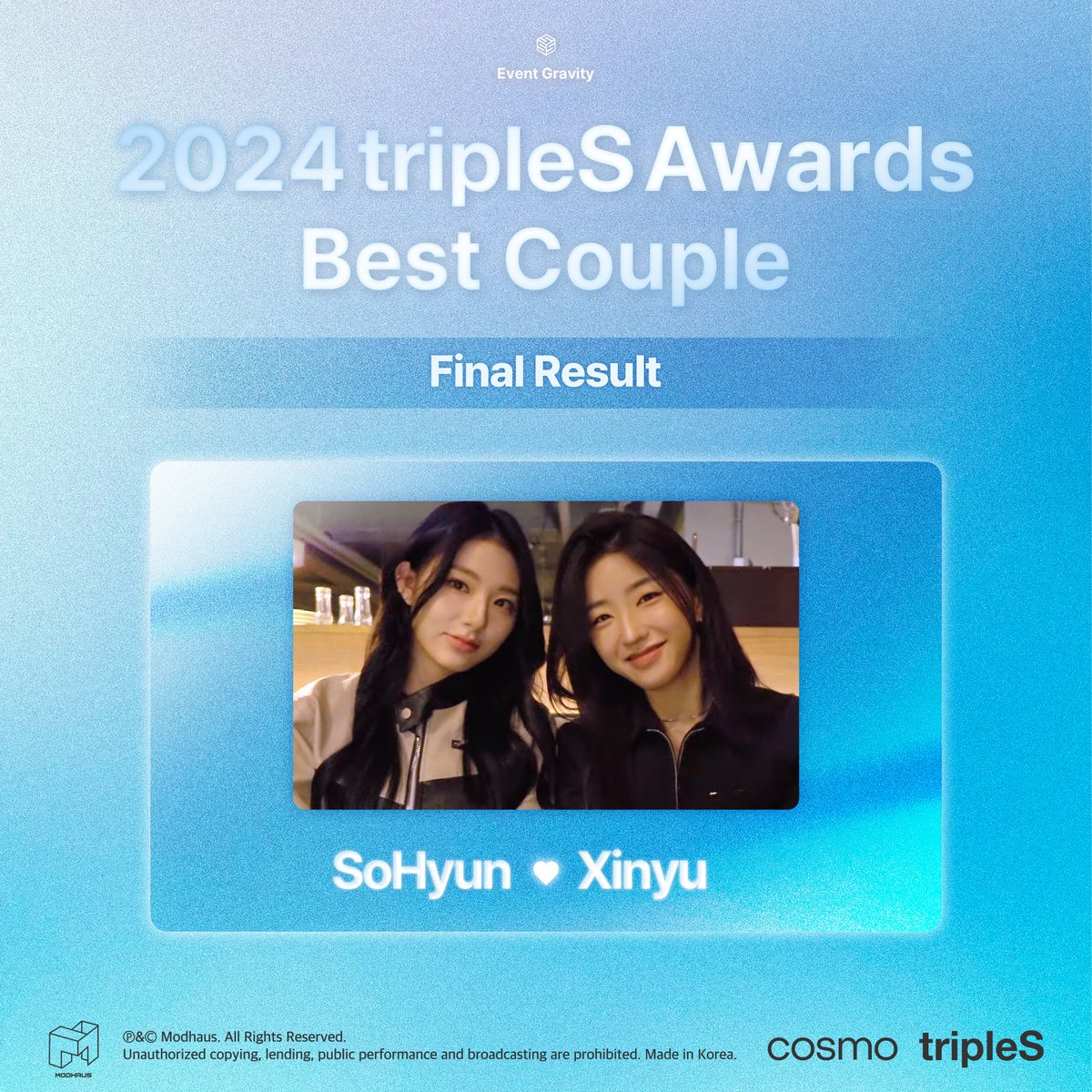 triplescosmos's tweet photo. 2024 tripleS Awards Gravity
Best Couple

🏅Final Result
SoHyun ❤️ Xinyu

#tripleS #트리플에스 #トリプルS #トリプルエス #トエス https://t.co/V5VmyVnL1m