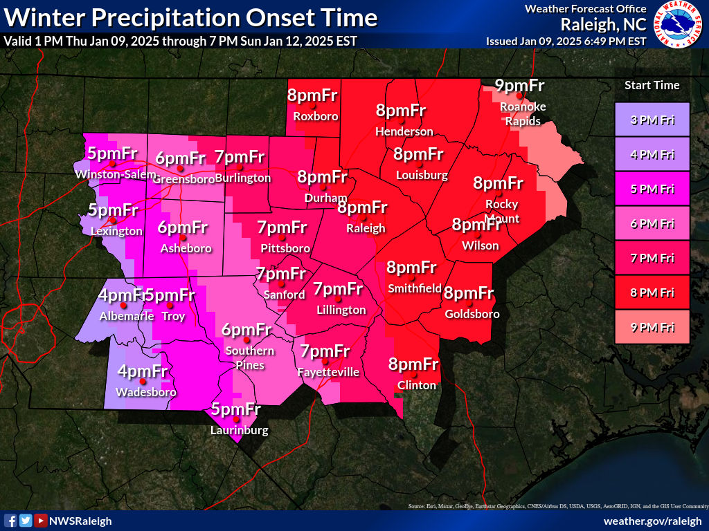 Attached are our latest storm total snow and ice forecasts along with the approximate time we reach 60% chance of precipitation. DO NOT FOCUS ON THE SPECIFIC TOTALS, nearly all locations will have a mix of snow and ice. Roads will be treacherous Friday night.