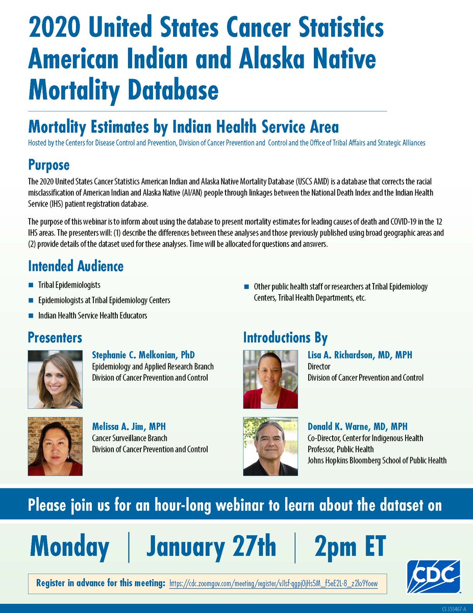The 2020 US Cancer Statistics AI/AN Mortality Database corrects the racial misclassification of AI/AN People. On Jan 27 at 2 pm ET, learn how to use the database to present mortality data for causes of death &amp; COVID-19 in IHS areas. bit.ly/40svAfq