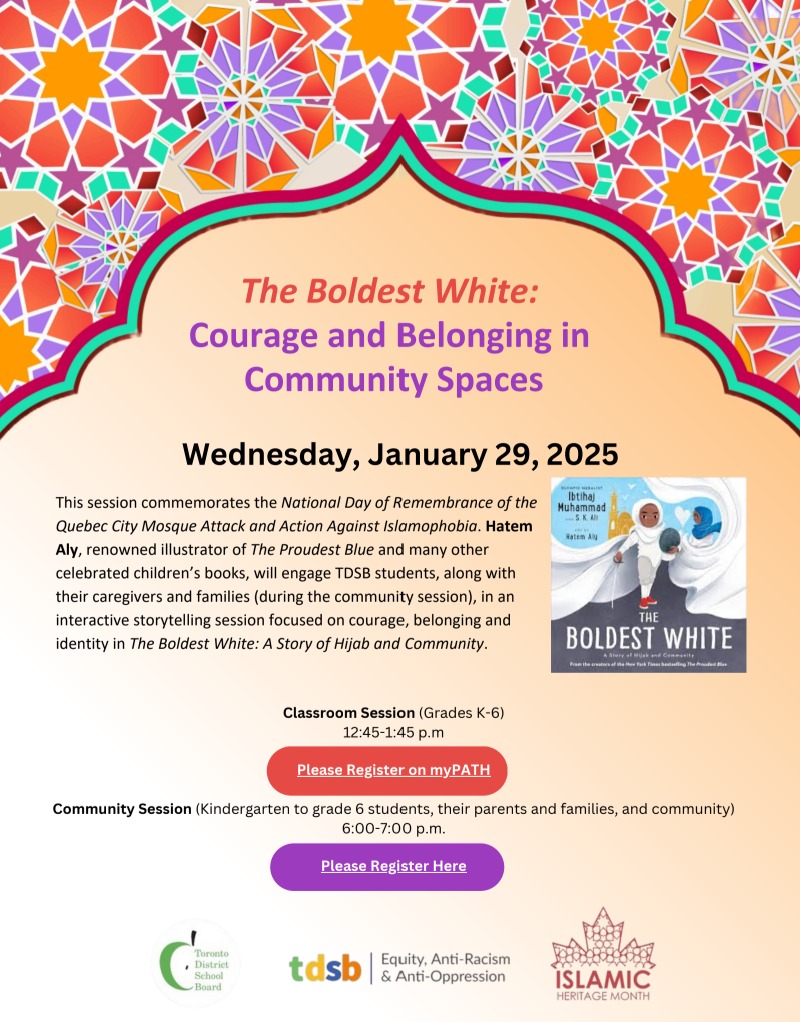 Jan 29 is Canada's Nat'l Day of Remembrance of the Quebec City Massacre &amp; Action Against #Islamophobia. Celebrate courage &amp; belonging w/ renowned illustrator Hatem Aly <a href="/metahatem/">Hatem Aly</a>.K-6 Teachers, register on MyPath! Families, sign up for an evening session! Links in thread👇🏾#tdsbIHM