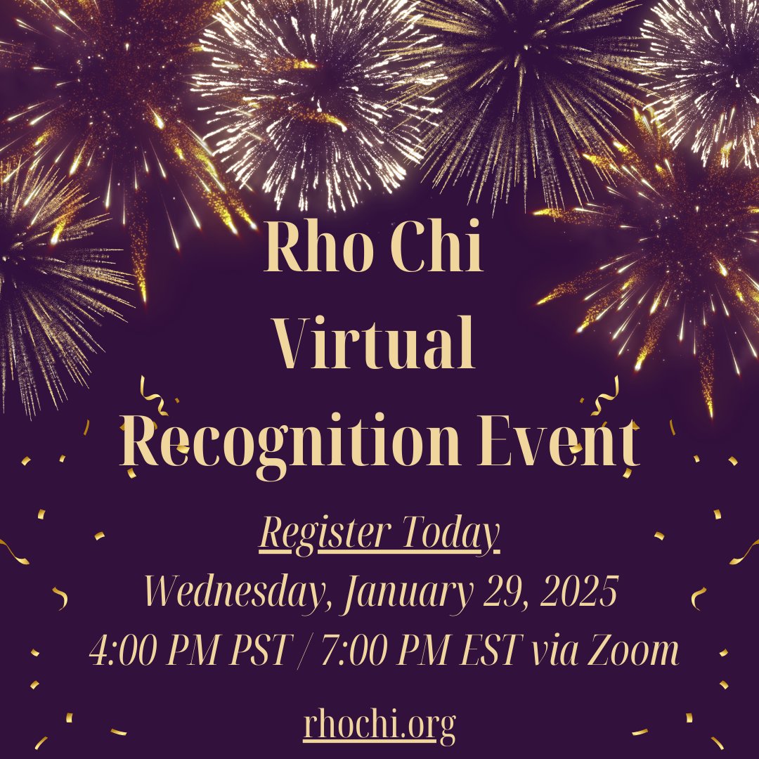 We cordially invite you to our First Annual 2025 Rho Chi Virtual Recognition Event! 🎉
🗓 Date: Wednesday, January 29, 2025 ⏰ Time: 4:00 PM PST / 7:00 PM EST 📍 Location: Zoom
Join us for this special event! Register Today! 
#rhochiforlife