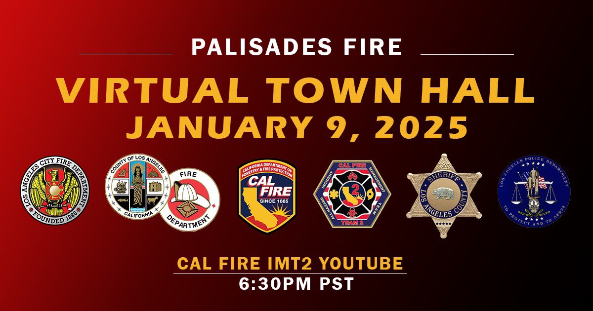 #PalisadesFire There will be a virtual town hall tonight at 6:30 p.m. on youtube.com/@losangelescou…