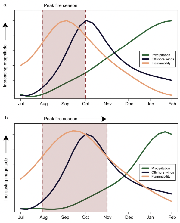 Weather_West's tweet photo. Here's a schematic I published in this 2021 piece to illustrate how even a modest delay in onset of rainy season in Southern California can dramatically amplify wildfire risk by lengthening seasonal overlap between dry vegetation and strong offshore winds during Oct-Jan. #CAfire https://t.co/o8v0ODOGXu